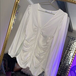 New York & Company Cream Ruched Blouse